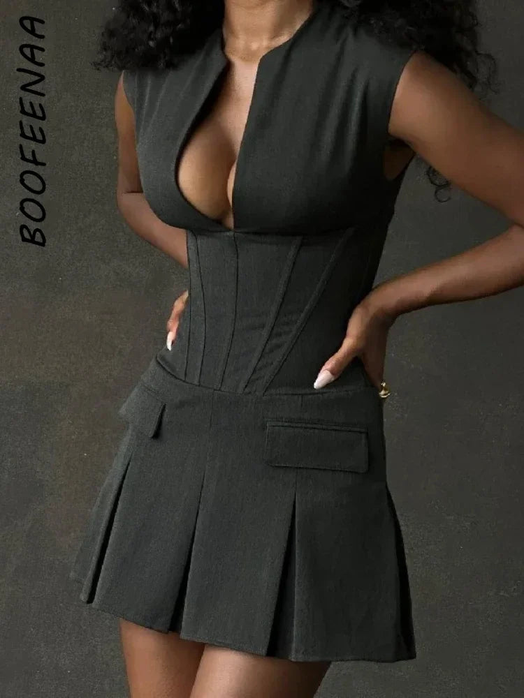 Dress With Deep V Neckline Sleeveless Mini Gray Corset Clubwear Flattering Silhouette Vintage