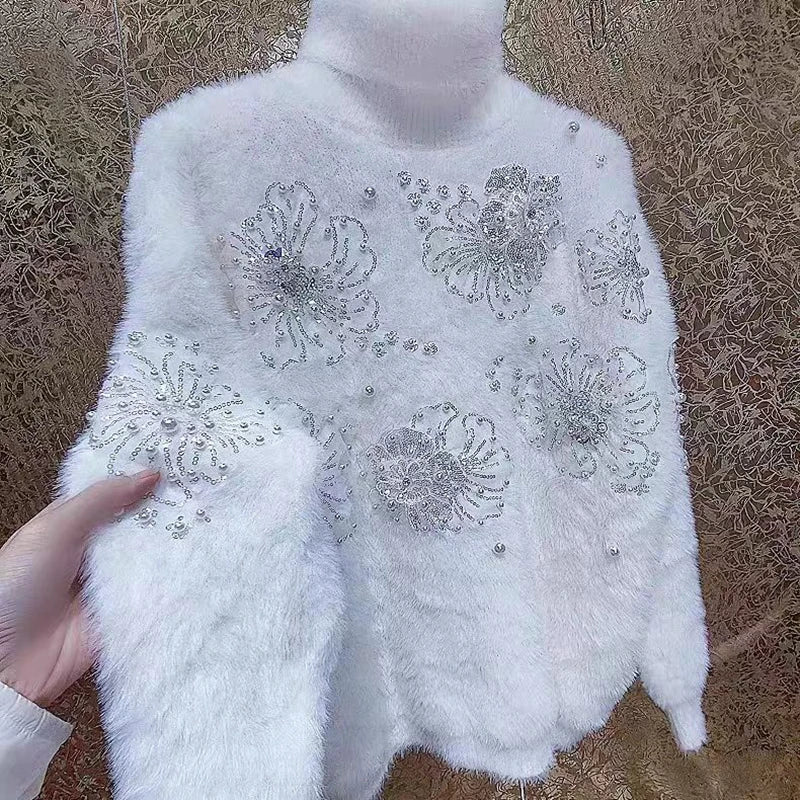 High-end Beads Sequined Stitch Thick Faux Fur Turtleneck Sweater for Women Autumn/Winter New Knit Outwears Pullovers Jumpers