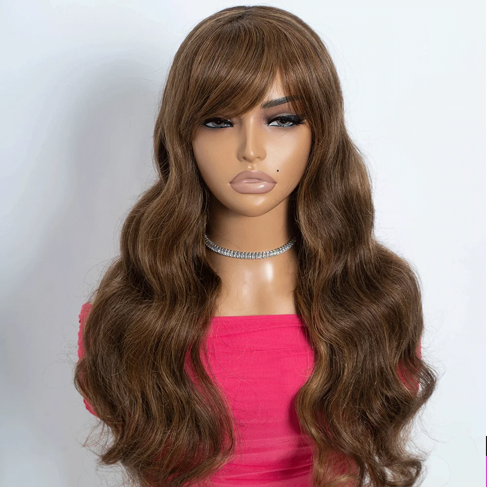 Brown Highlight Body Wave Human Hair Wig With Bangs For Women
