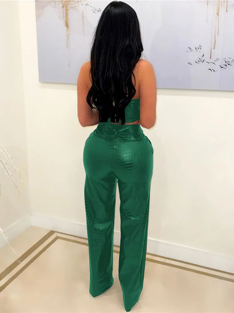 Green Faux Leather Corset Cut-Out Cargo Sleeveless Jumpsuit Set for Women