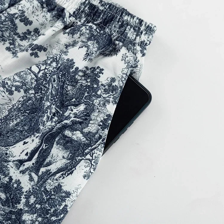 Casual Retro Ink Print Shirt and Shorts Set for Women