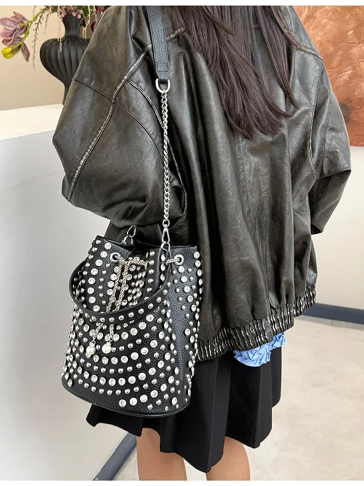 Rivet Bucket Bag With Chain Strap