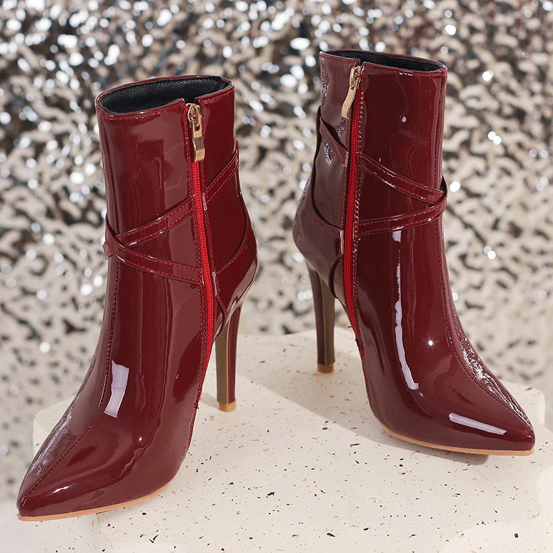 Glossy Patent Leather Pointed Toe Stiletto Ankle Boots for Women