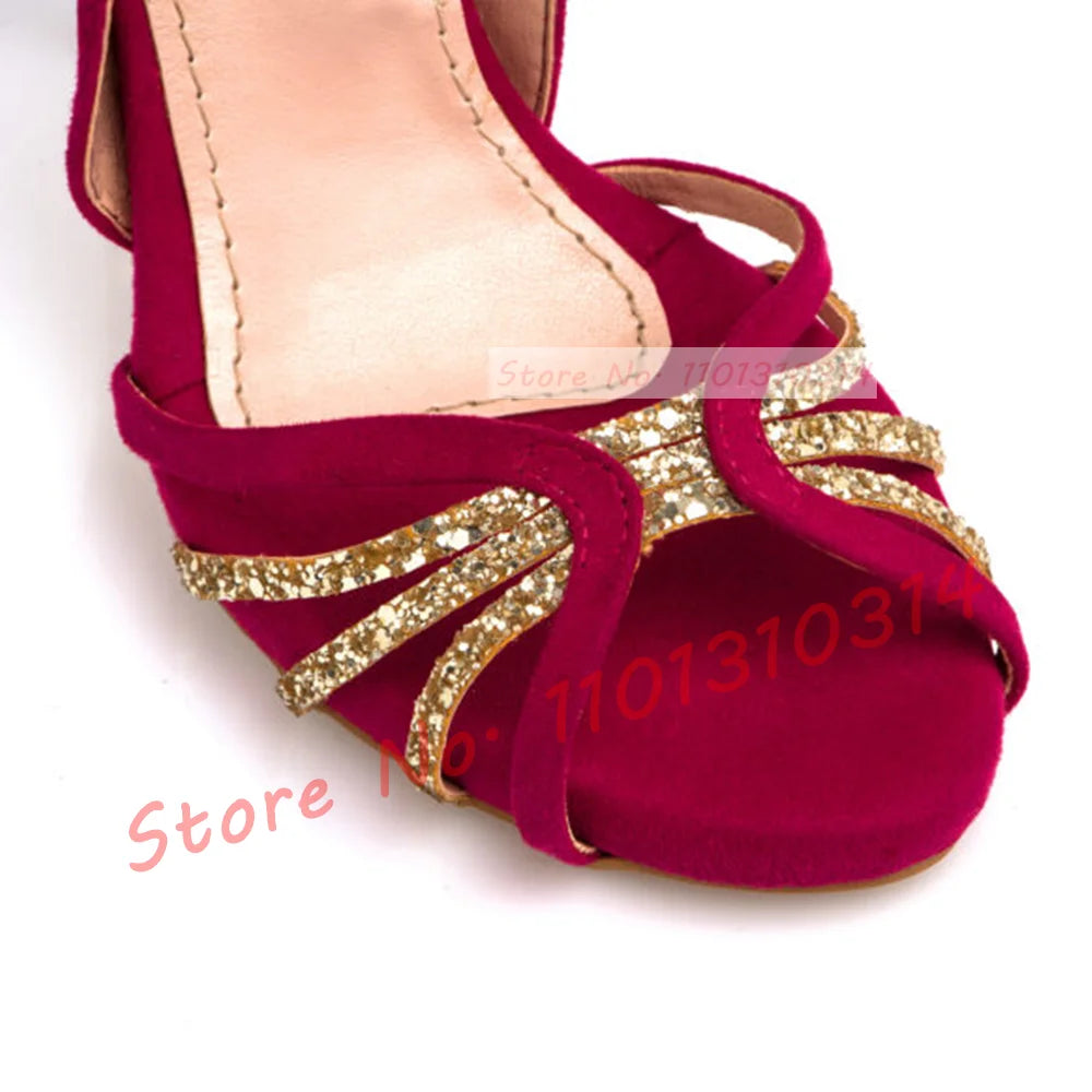 Fuchsia Suede Glitter Cross Strap Peep Toe Sandals for Women