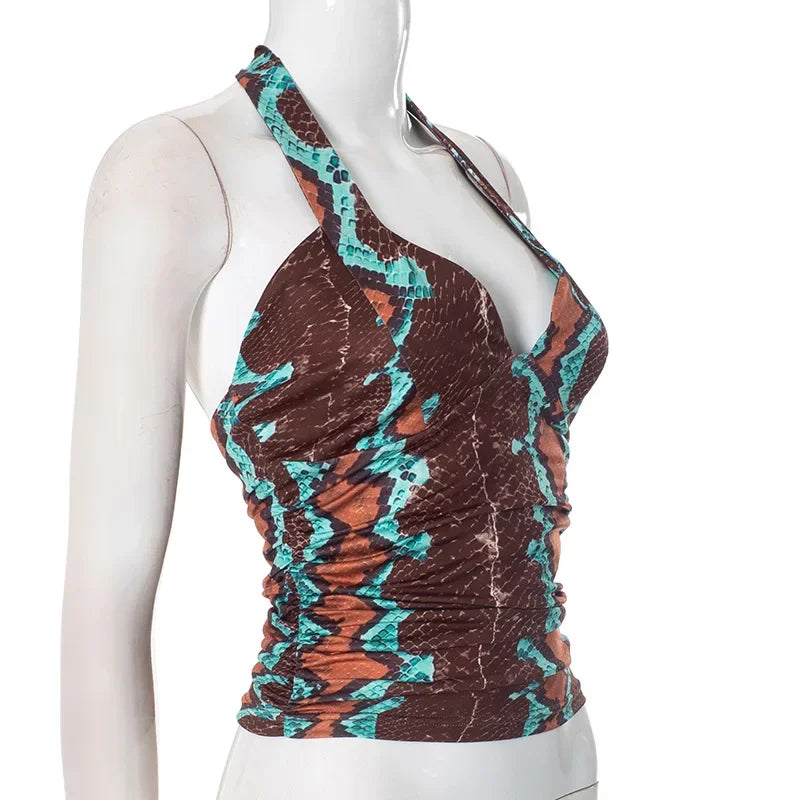 Aesthetic Print Pleated Halter Backless Crop Top for Women