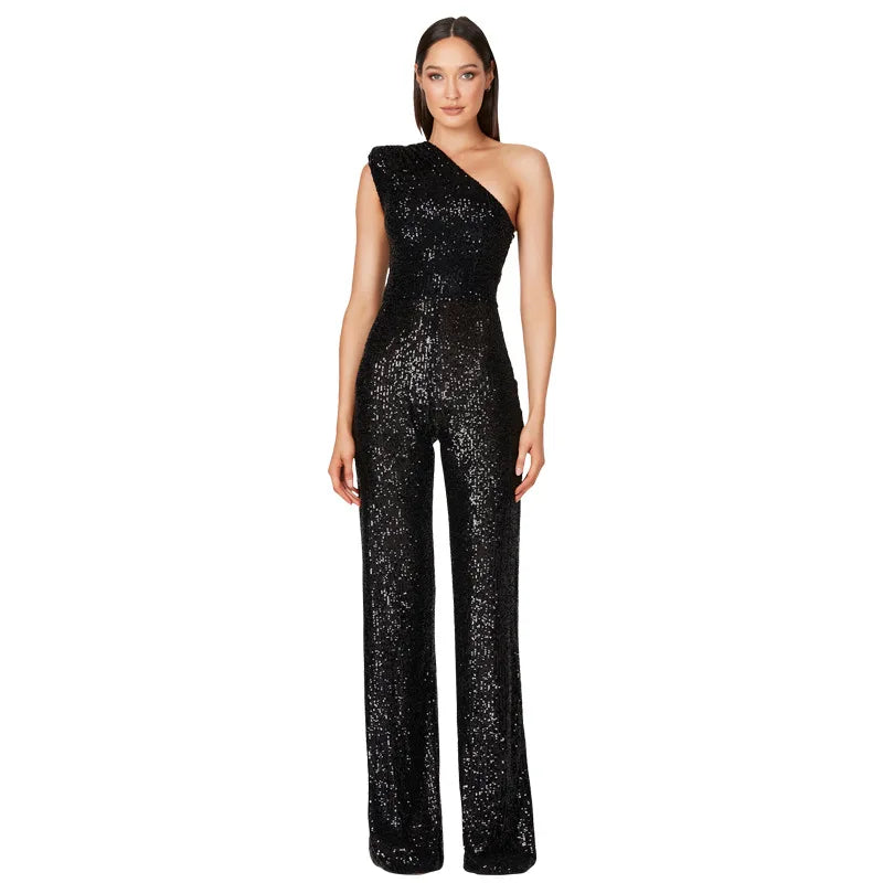 Sequined One Shoulder Wide Leg Jumpsuit