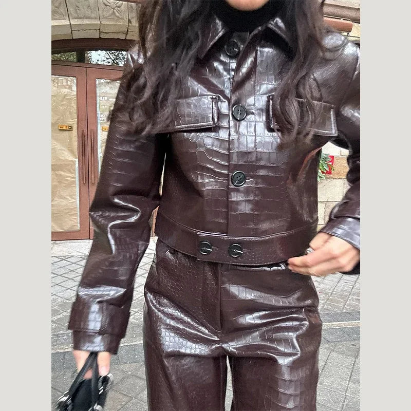 PU Leather Turn-Down Collar Jacket and Pants Set for Women