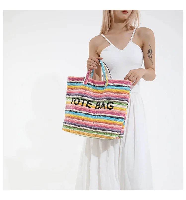New straw woven bag, large capacity tote bag, crossbody striped letter contrasting beach bag