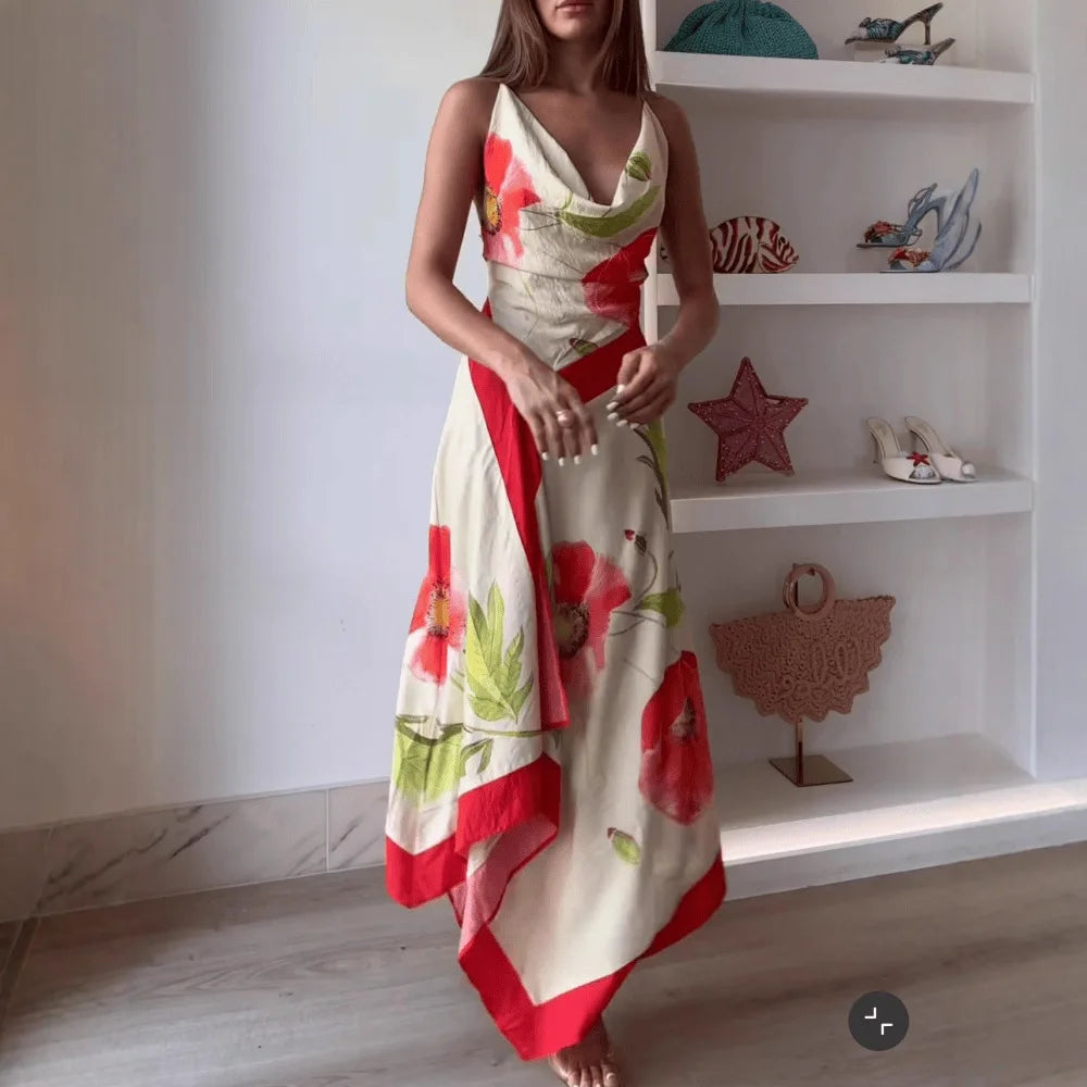 Floral Print Spaghetti Strap Backless Dress for Women