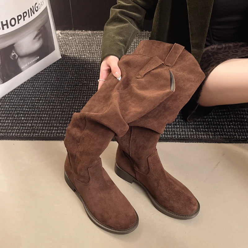 Elegant Low Heel Side Suede Knee High Boots for Women