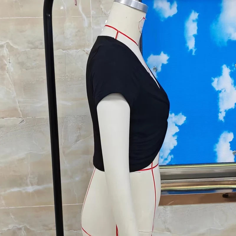Twist Front Deep V Neck Slim Crop Top for Women Casual Streetwear