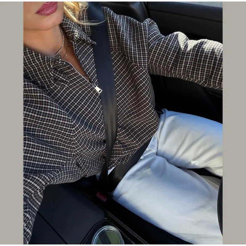 Vintage Plaid Women 's Jacket Elegant Lapel Patchwork Full Sleeve Zipper Cropped Jackets Lady 2026 Woman Spring Coats Outwears