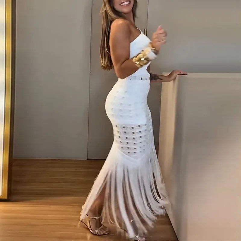 Elegant Sleeveless Tassel Hem Knit Maxi Dress for Women