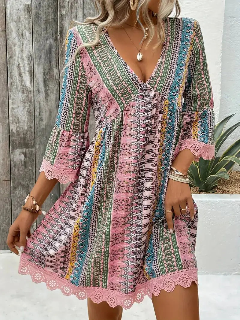 Vintage Floral Print V Neck Long Sleeve Dress For Women