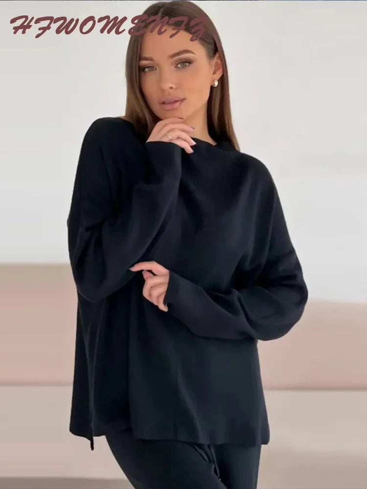 Solid Turtleneck Sweatshirt Set With Wide Leg Pants for Women