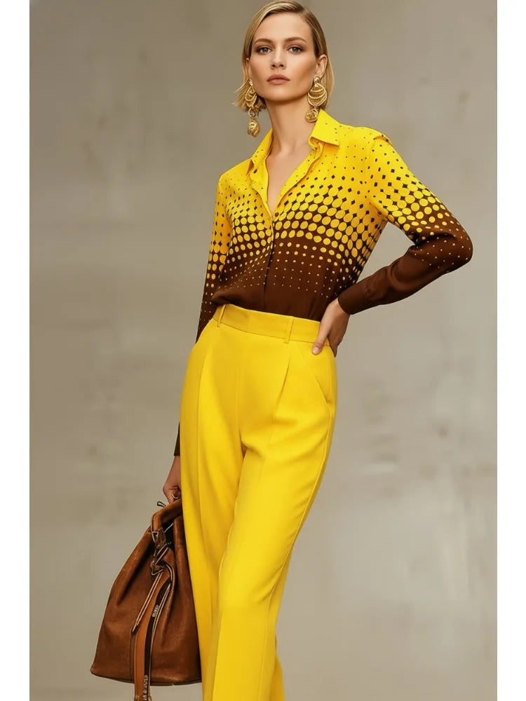 Bonboho Women's Yellow-Brown Gradient Polka Dot Shirt Top 2026 New Stylish Loose Long Sleeves T-shirt Elegant Office Blouse