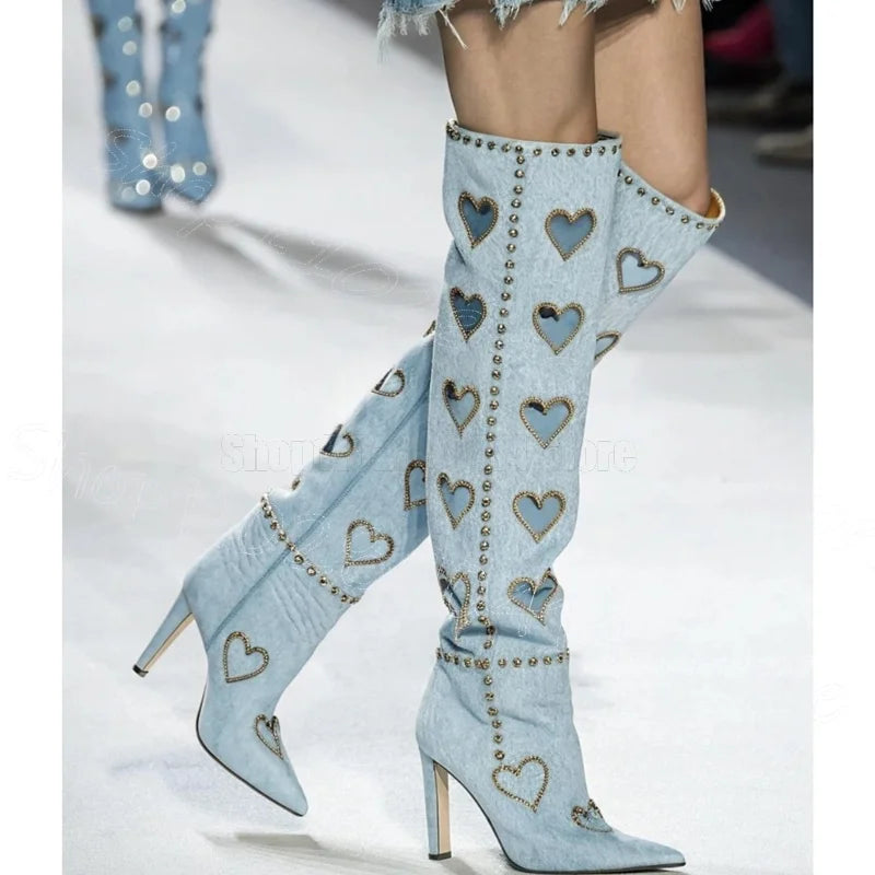 Chunky Heel Pointy Toe Denim Boots With Side Zipper For Women