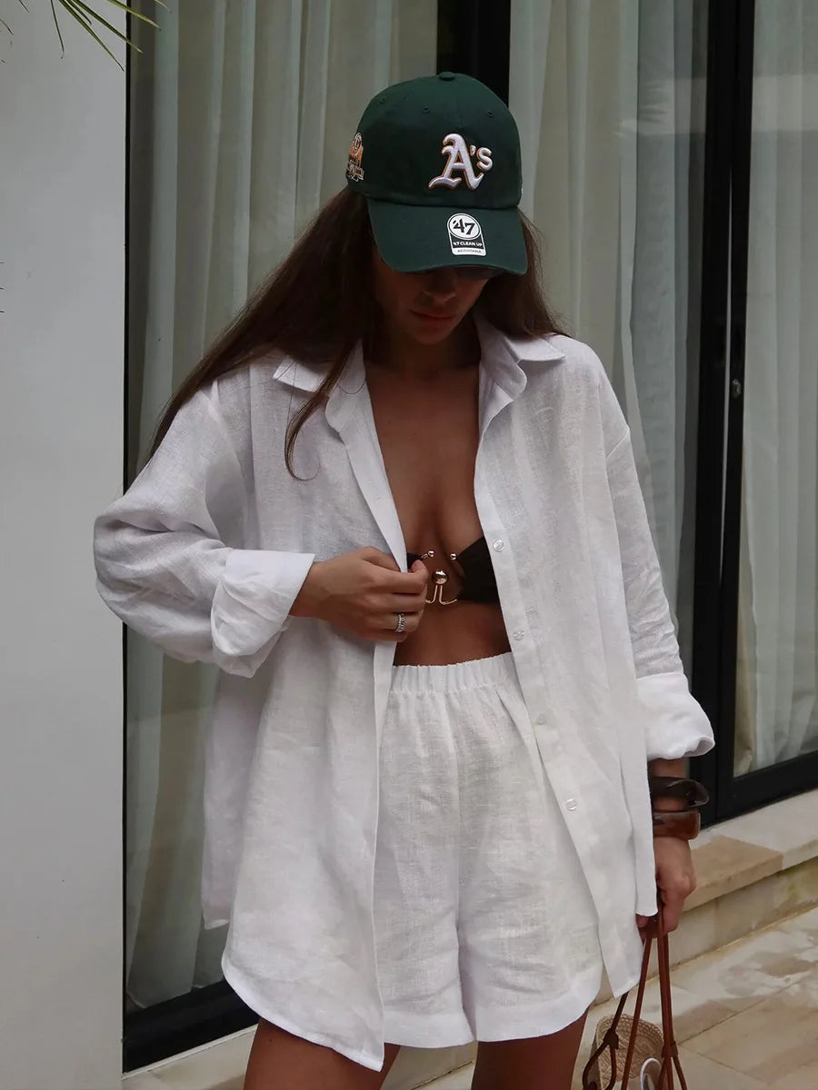 Lightweight White Cotton Summer Two Piece Set for Women
