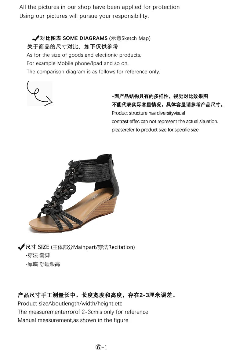 Bohemian Floral Vintage Leather Wedge Sandals for Women