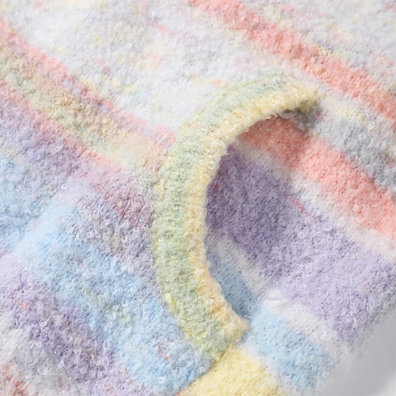 Colorful Rainbow Stripe Hooded Knit Cardigan for Women