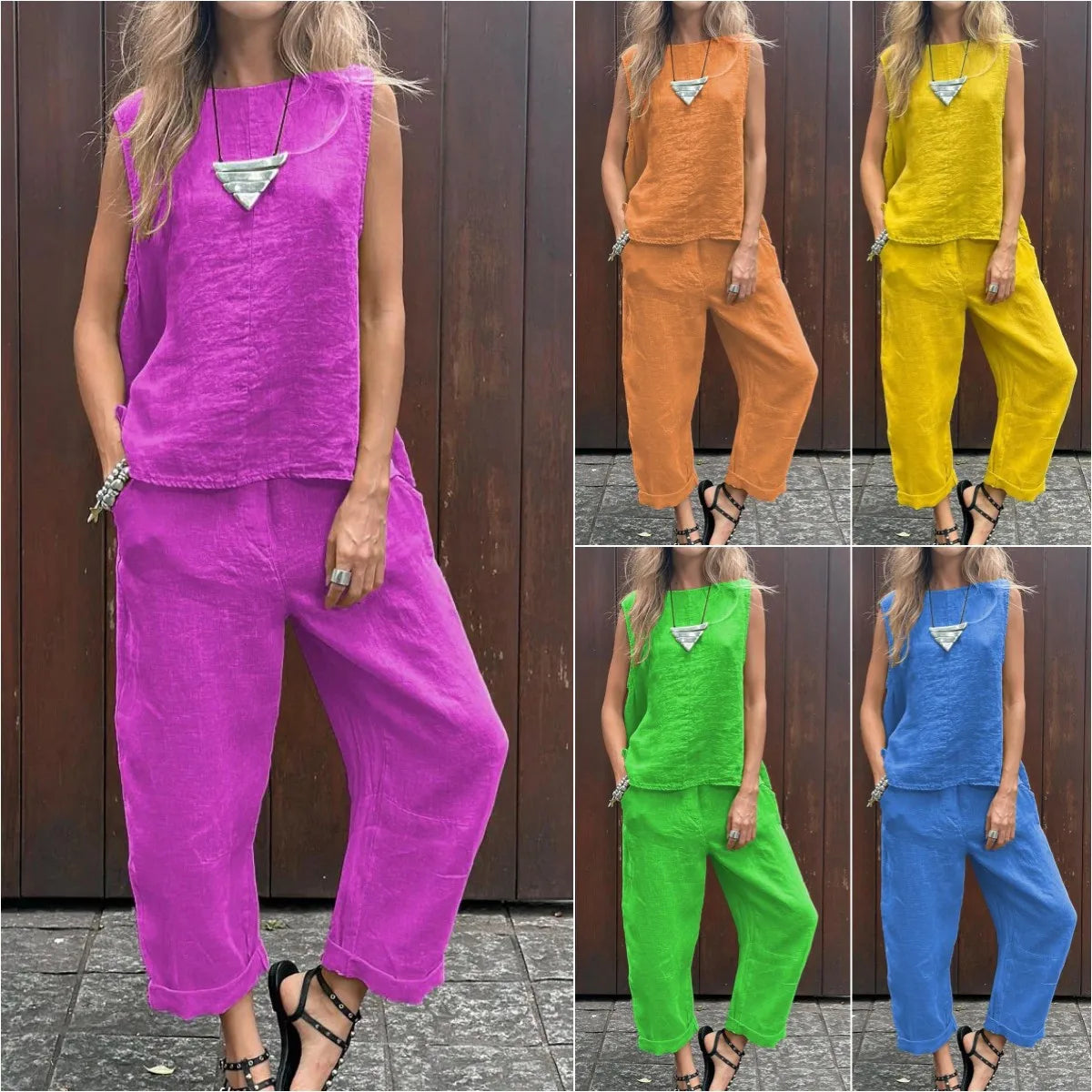 Casual Solid Color Tank Top and Pant Set for Women