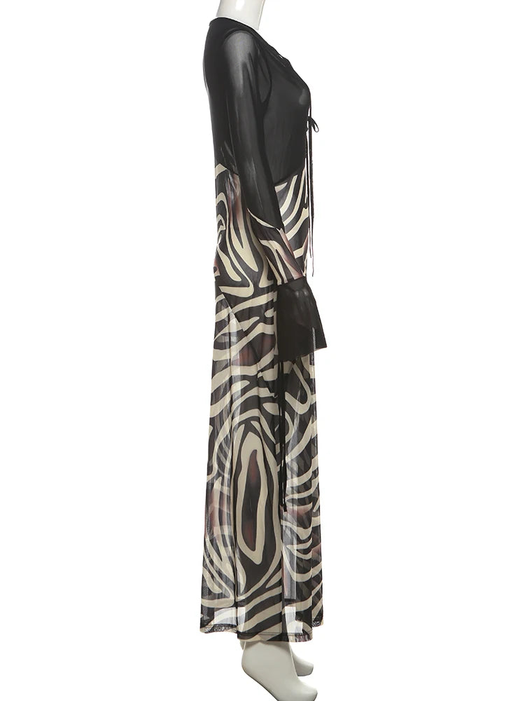 Patchwork Print V Neck Maxi Dress