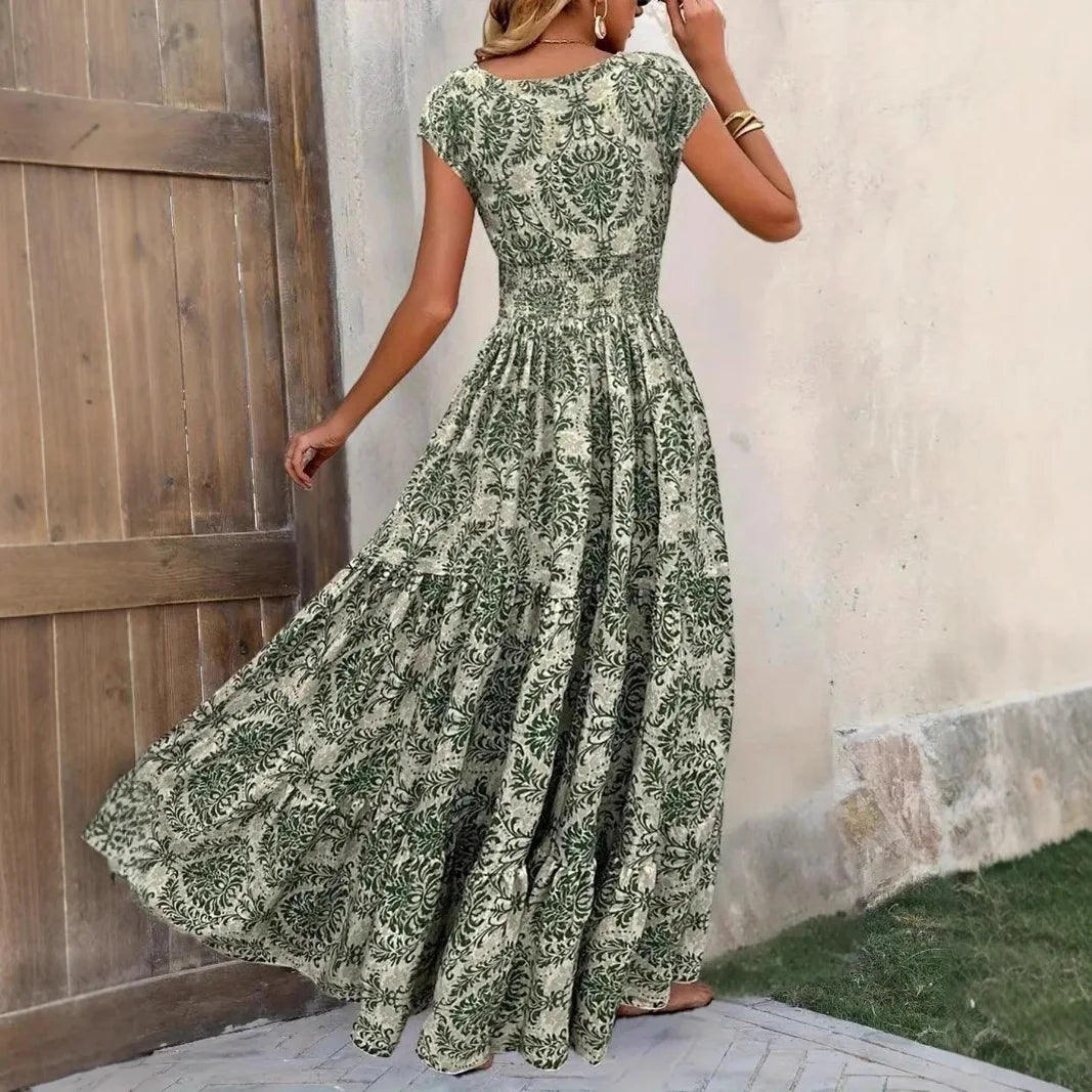 Bohemian Floral Printed V Neck Midi Dress For Women