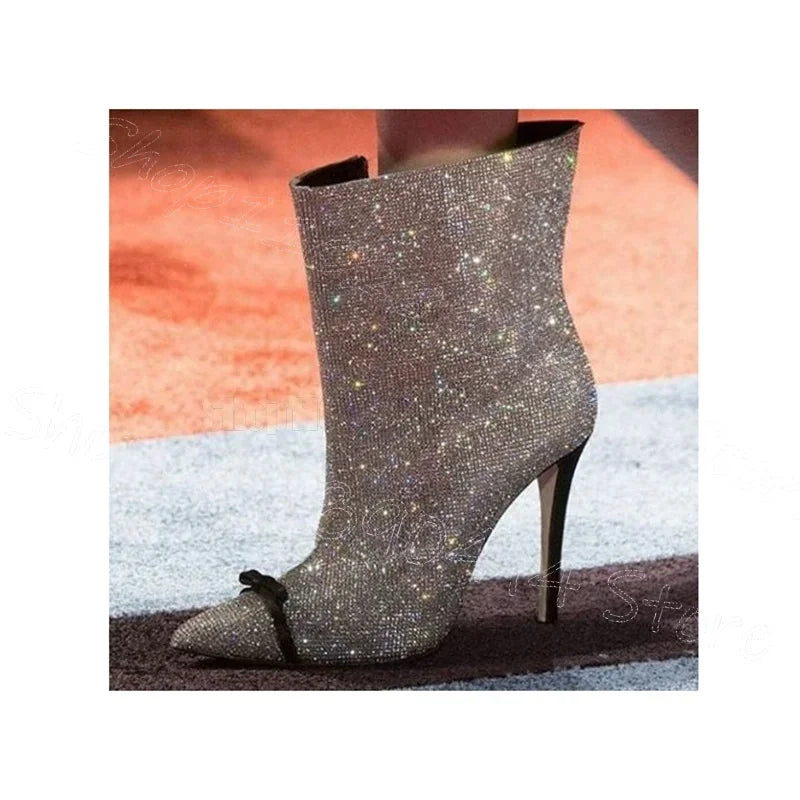Silver Rhinestone Bow Knot Pointed Toe High Heel Boots For Women