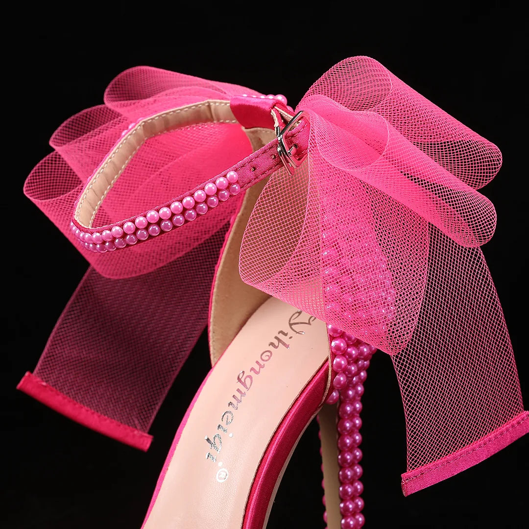 Elegant Pearl Beaded Mesh Bowknot Sandals for Women