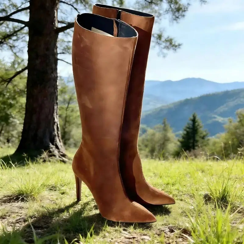 Sleek Suede Pointed Toe Side Zip Knee High Boots For Women