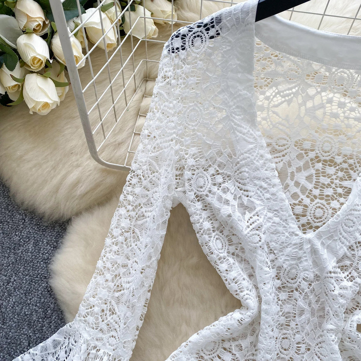Sheer Lace V Neck Mini Dress With Flared Sleeves for Women