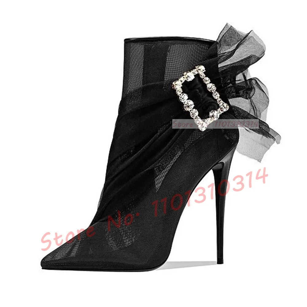 See Through Mesh Crystal Buckle Ankle Booties for Women