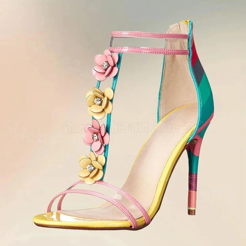 Colorful Appliques Stripe Print Back Zipper Pvc Sandals for Women