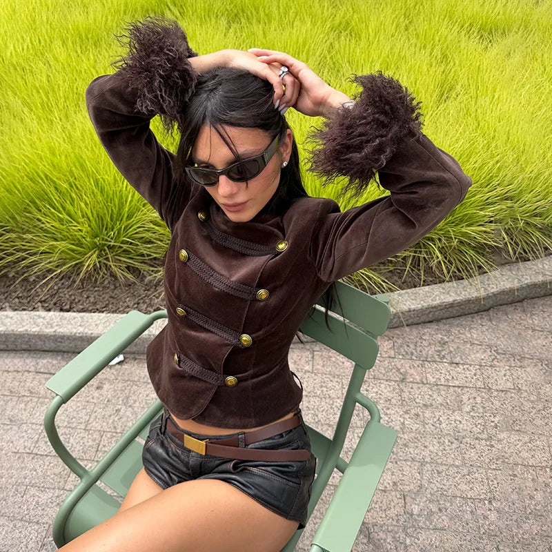 Feather Patchwork Double Breasted Stand Collar Coat for Women