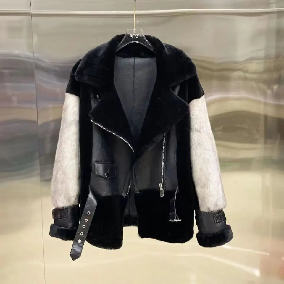 Women Coat Faux Fur Coats Biker Jackets Belt Pocket Turn Down Collar Long Sleeves Zipper Fly Loose Streetwear 2025 Autumn Winter