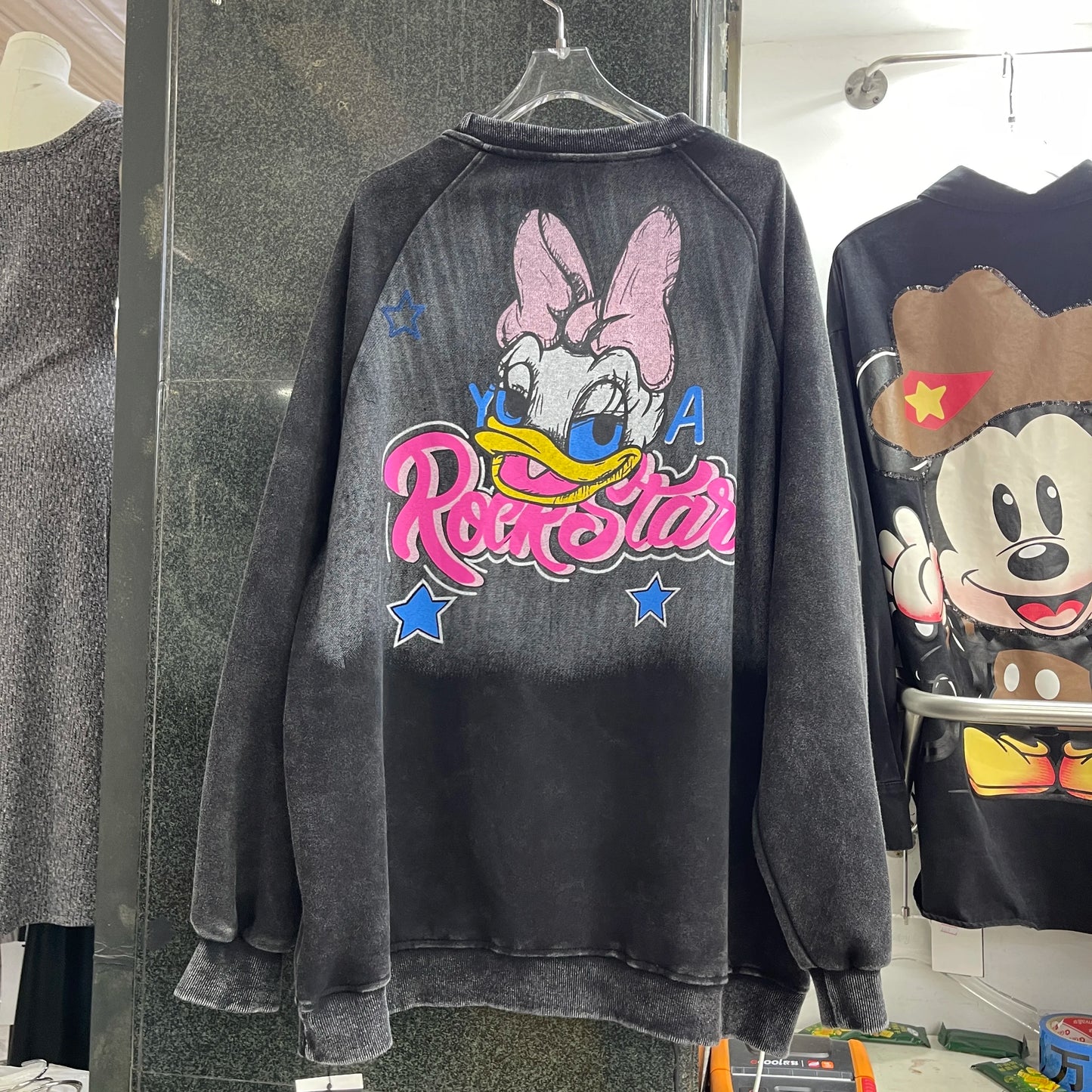 2025 Autumn Winter Heavy Loose Fashion Washed Cartoon Mid-Length Round Neck Hoodies Coat Popular Long-sleeves Sweatshirt Jacket