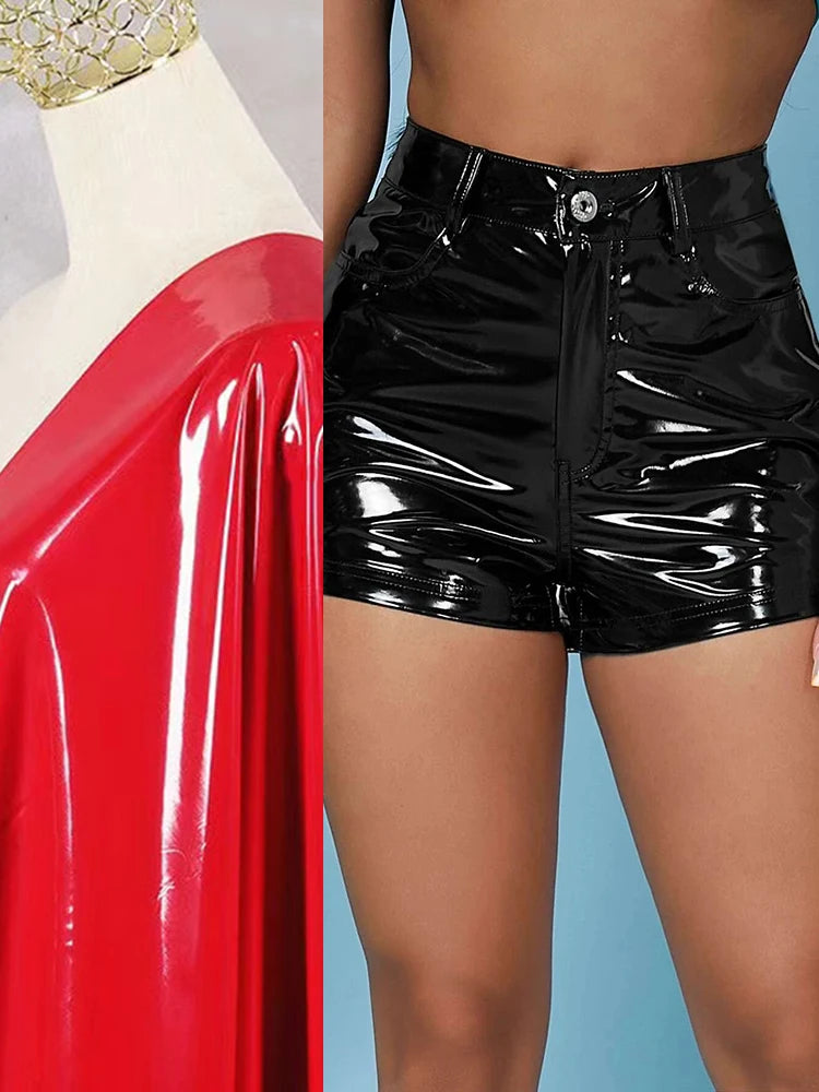 High Waist Shiny Faux Leather Shorts With Side Pockets For Women