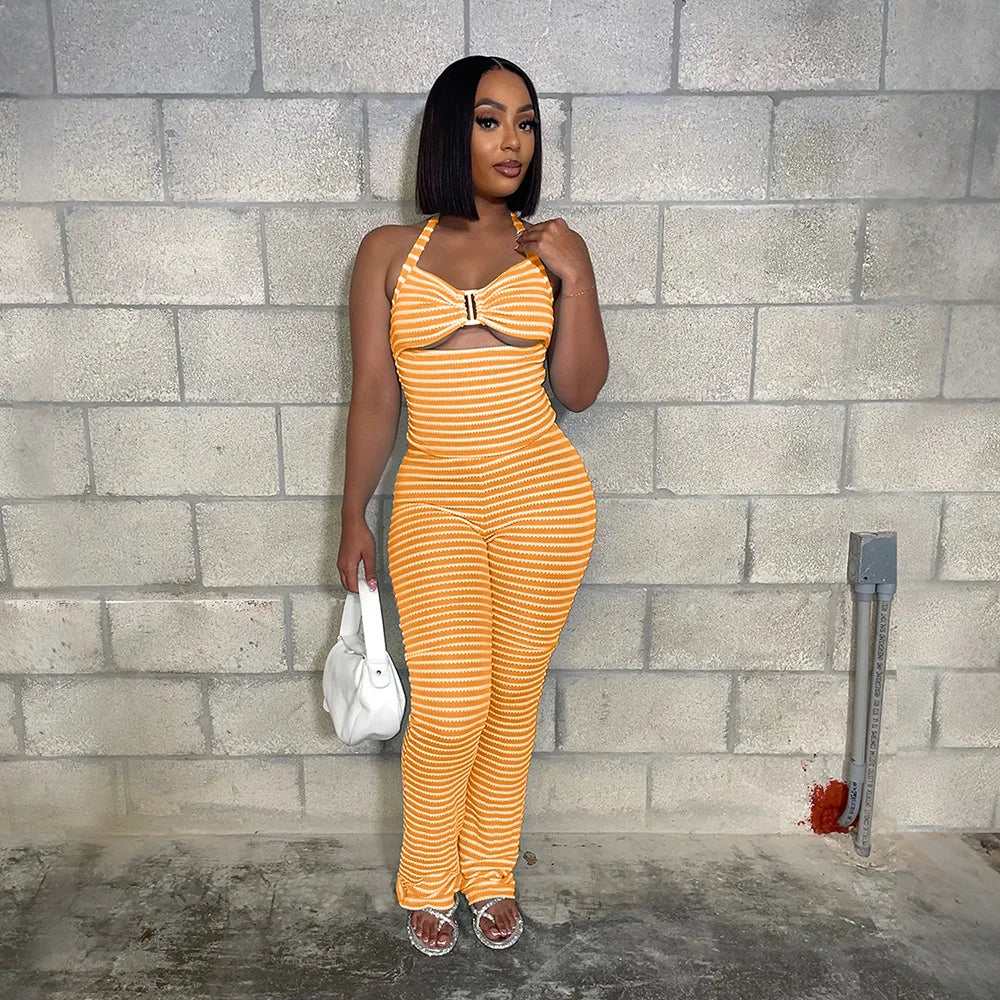 FAGADOER Sexy Stripe Patchwork Two Piece Outfits Woman Halter Backless Tank Top + Skinny Pants Suits Female Streetwear Clothing