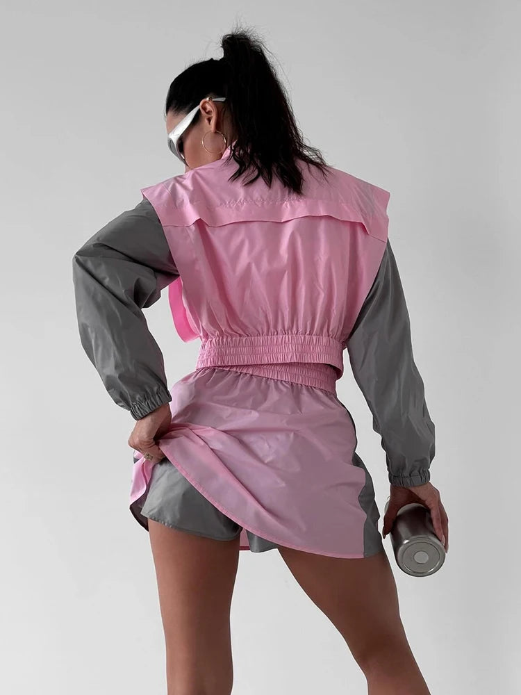 Casual Color Block Long Sleeve Jacket And Mini Skirt Set For Women