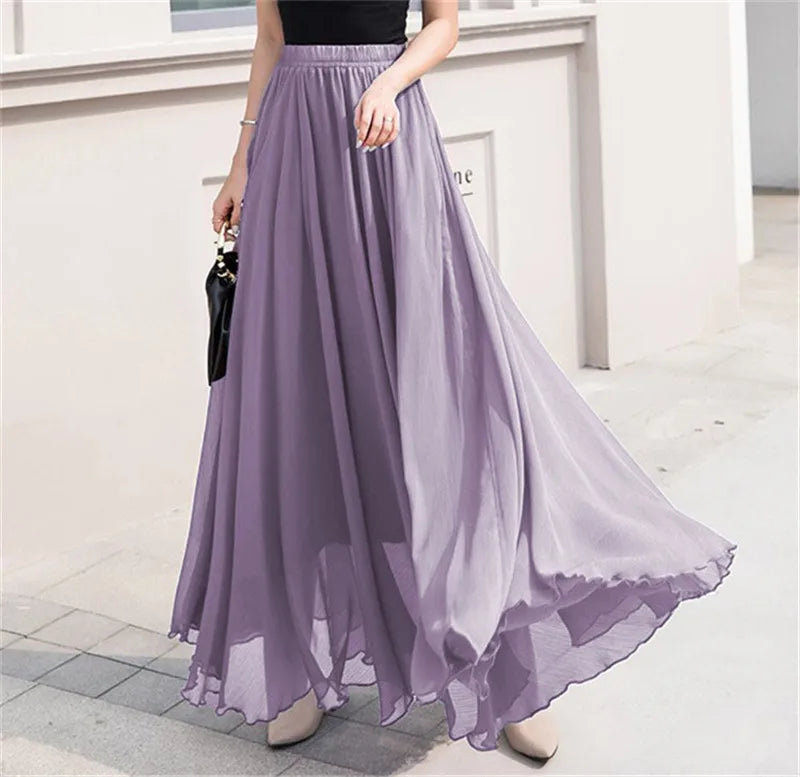 Elegant Solid Color Chiffon A-Line Skirt with High Waist for Women