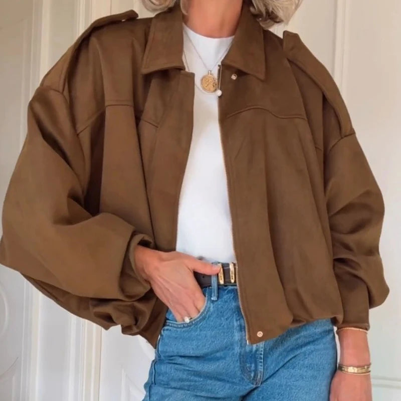 Long Batwing Sleeve Patchwork Zipper Jacket for Women