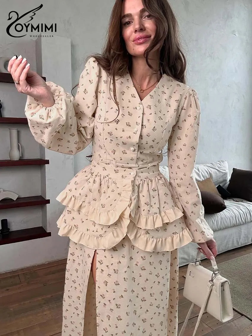 Oymimi Casual Apricot Print 2 Pieces Set For Woman Elegant Long Sleeve Button Ruffled Shirts And High Waist Side Slit Skirts Set