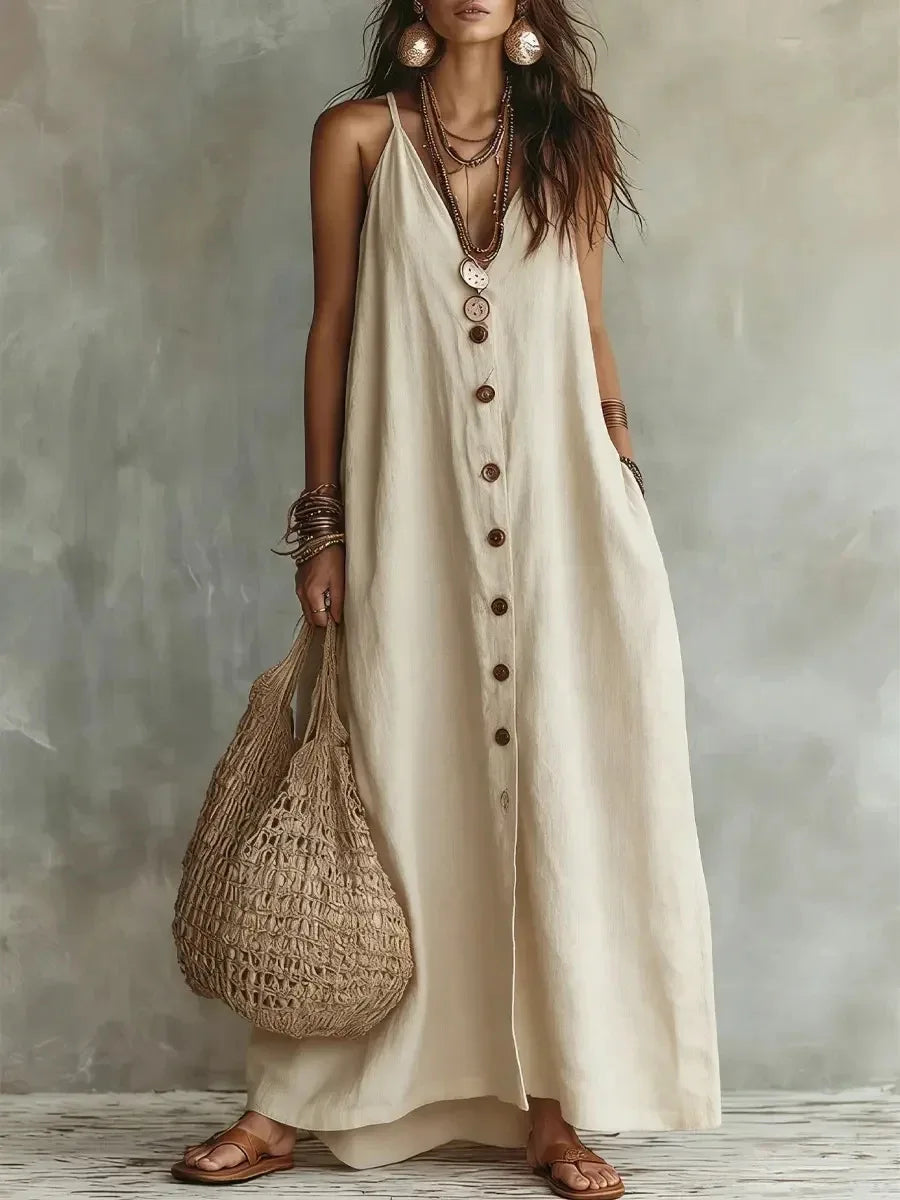 Spaghetti Strap V Neck Front Button Pocket Linen Maxi Dress for Women