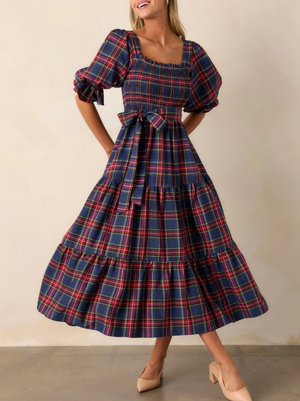 Christmas Plaid Square Neck Puff Sleeve Midi Dress for Women