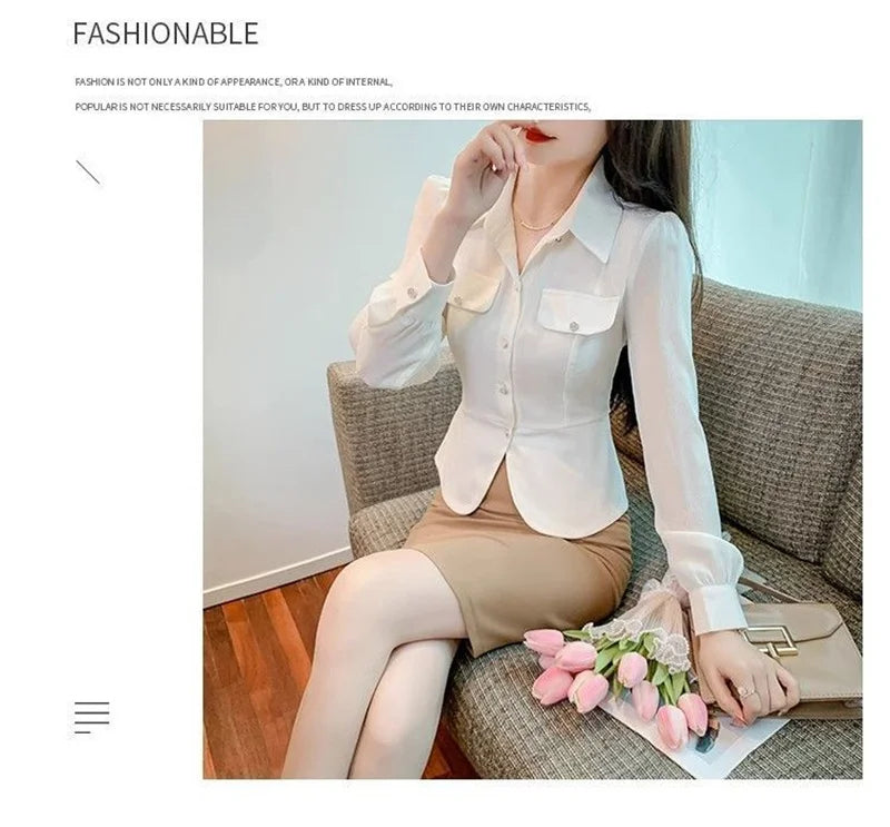 Autumn 2025 New Women Short Long-sleeved Chiffon Blouse Shirt Western-style Blouse Female  Slim Pure Colour Bottoming Shirt
