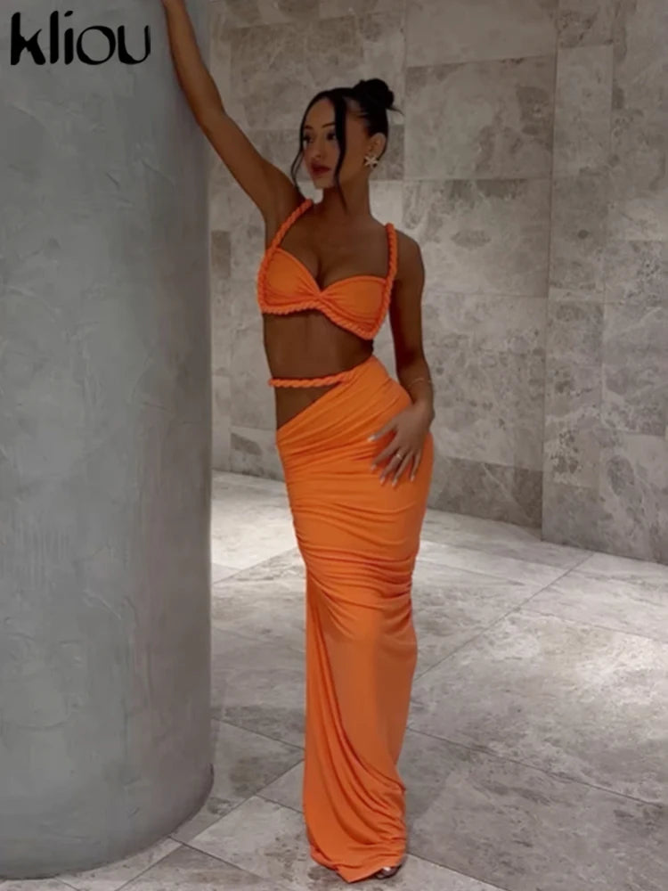 Woven Pleated Crop Top and Maxi Skirt Two Piece Set for Women