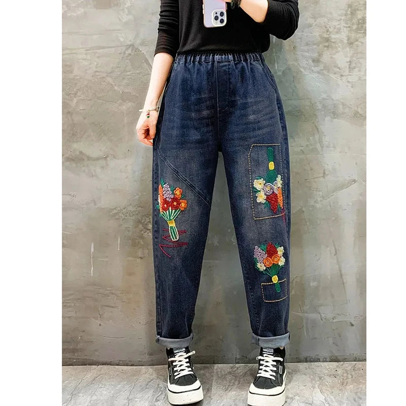 Jeans Woman High Waist Spring Summer Retro Embroidery Denim Trousers Ladies Elastic Waist Harem Pants Loose Jean Femme Pant 124