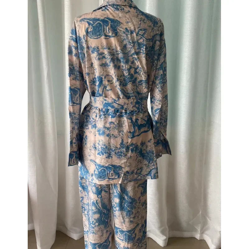 Elegant Print Two Piece Set With Long Sleeve Shirt And Wide Leg Pants for Women