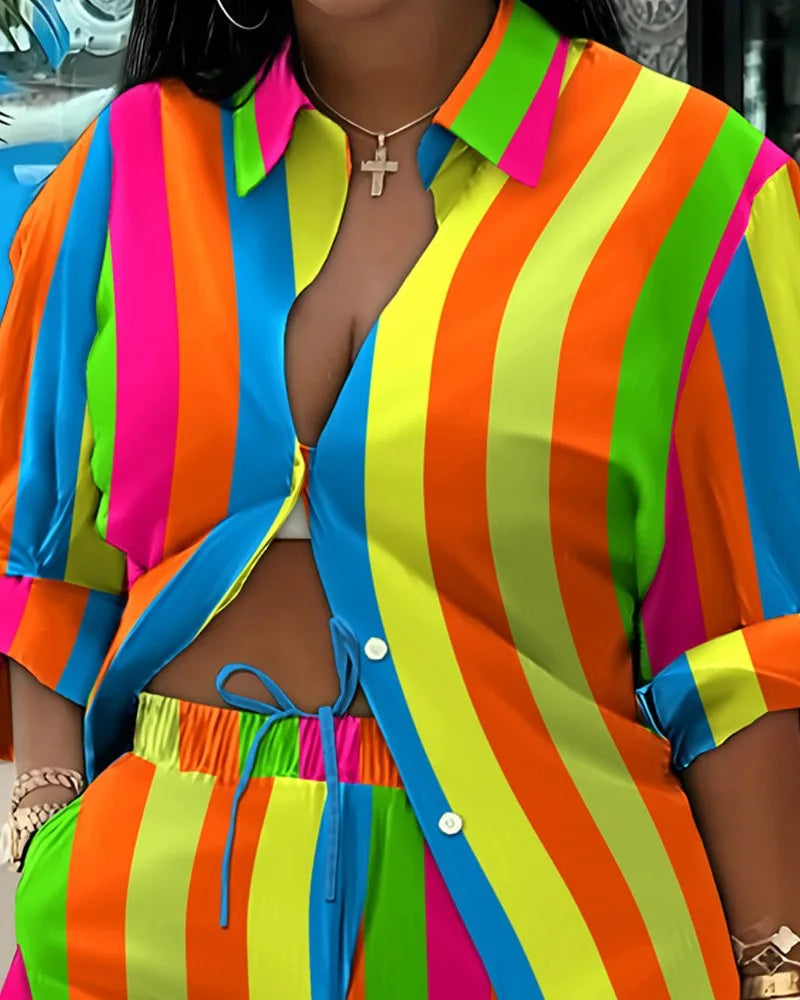 Casual Geometric Print Shirt Shorts Two Piece Set for Women