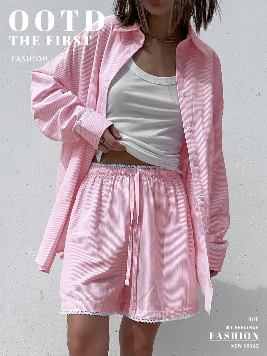 Striped Long Sleeve Cotton Shirt And Shorts Set For Women